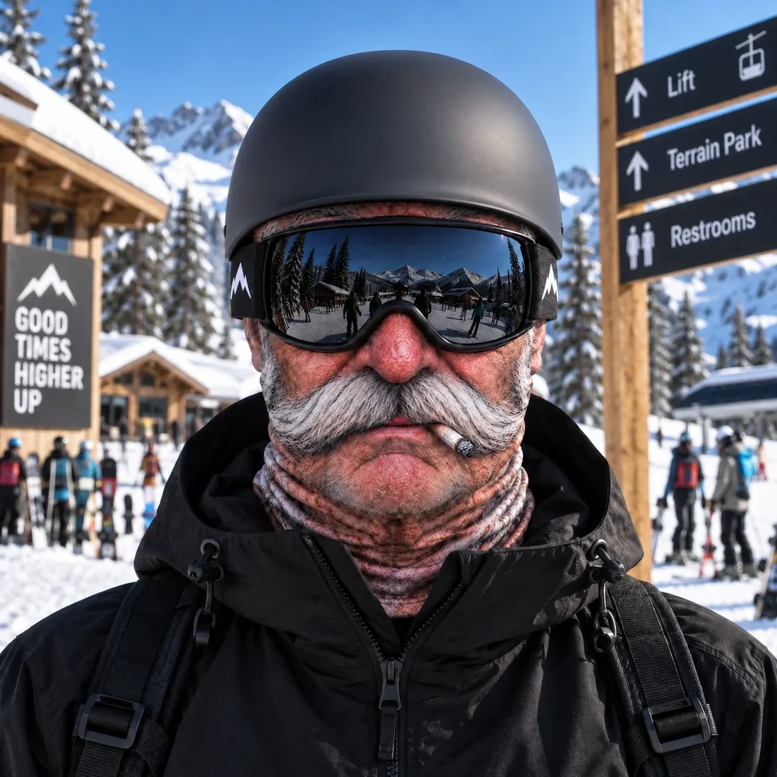 Frosty Face ski mask — Moustache Mario face print worn on the slopes